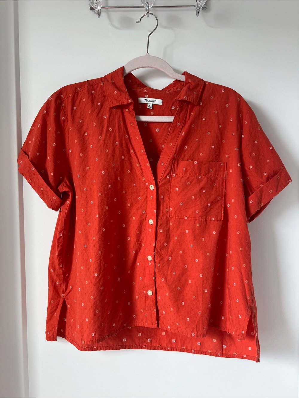 Madewell Rust Red Short Sleeve Button-Down Shirt with Floral Dot Print